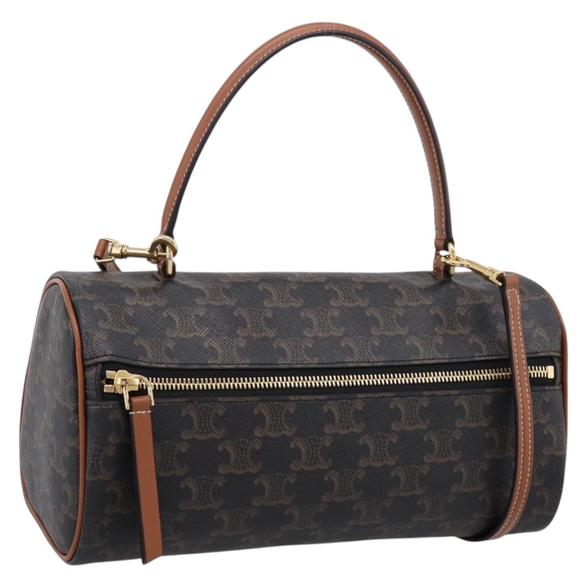 CELINE Macadam Canvas Triomphe Cylinder Bag PVC 2way Brown Gold Auth 203772SAM
