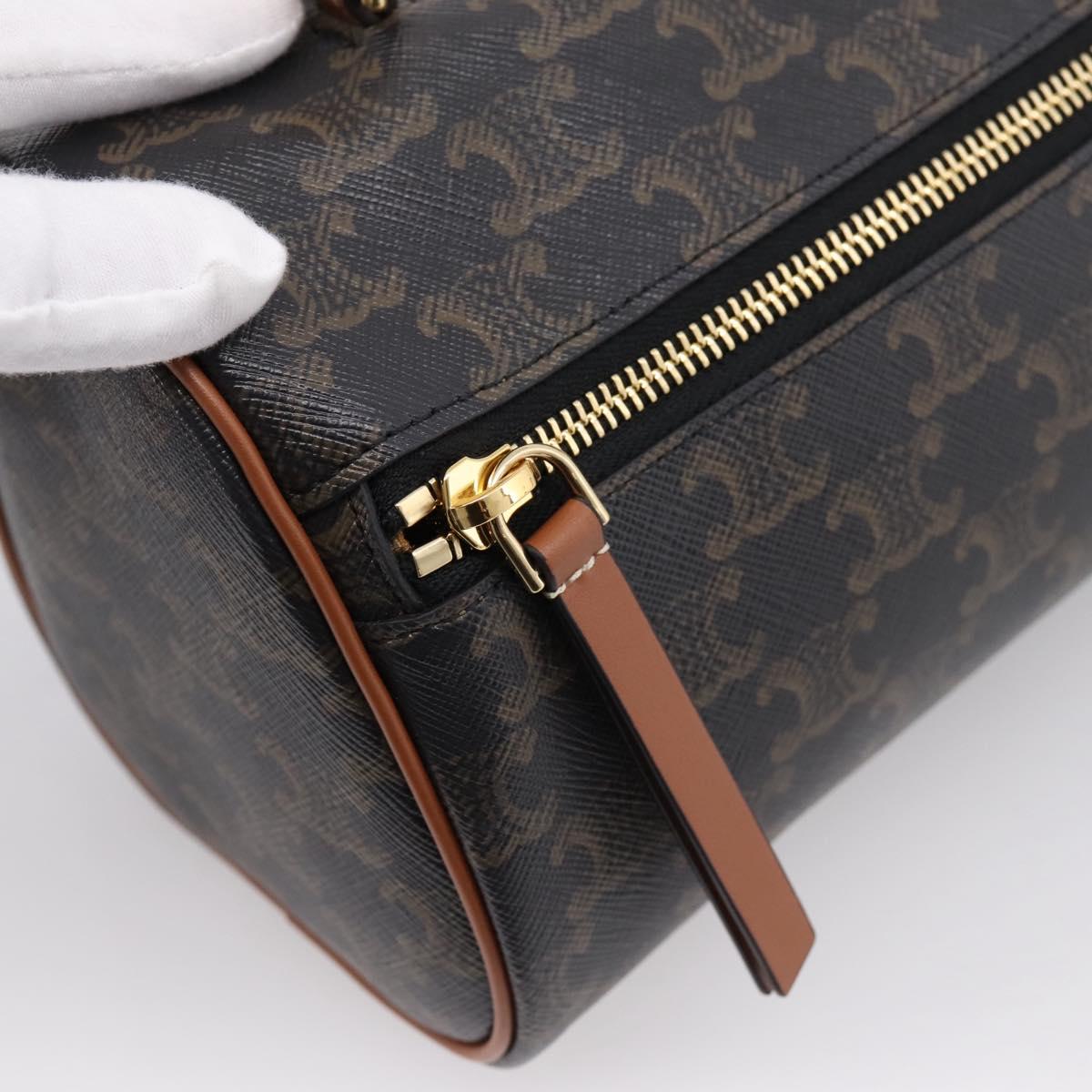 CELINE Macadam Canvas Triomphe Cylinder Bag PVC 2way Brown Gold Auth 203772SAM
