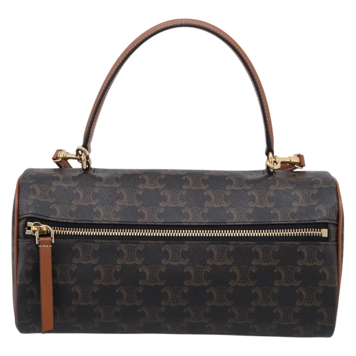 CELINE Macadam Canvas Triomphe Cylinder Bag PVC 2way Brown Gold Auth 203772SAM