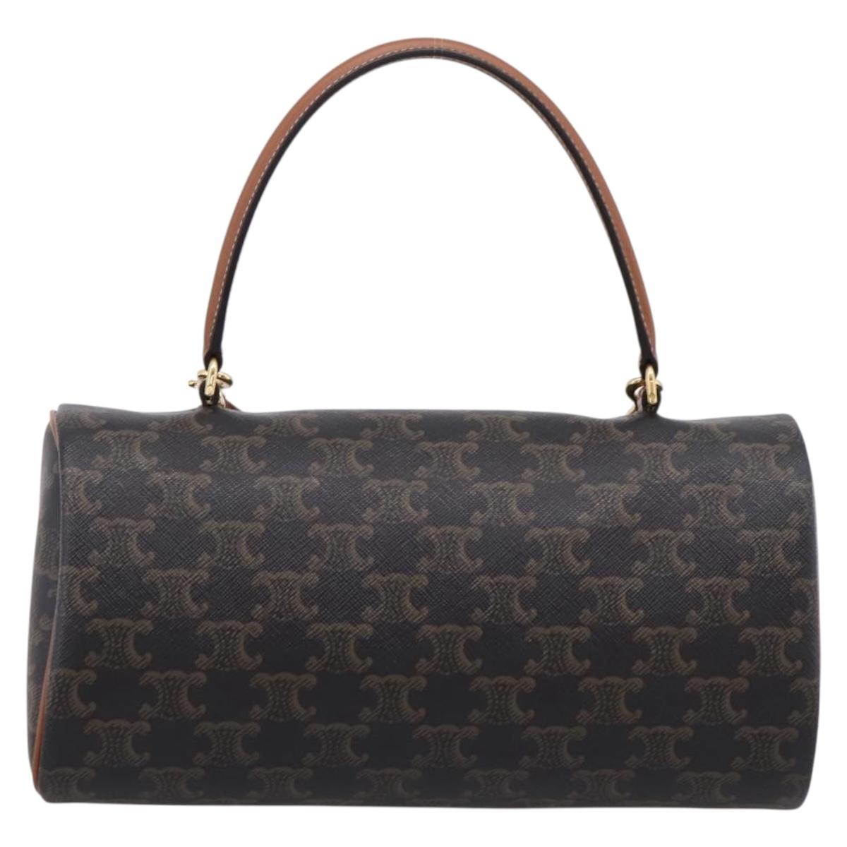 CELINE Macadam Canvas Triomphe Cylinder Bag PVC 2way Brown Gold Auth 203772SAM