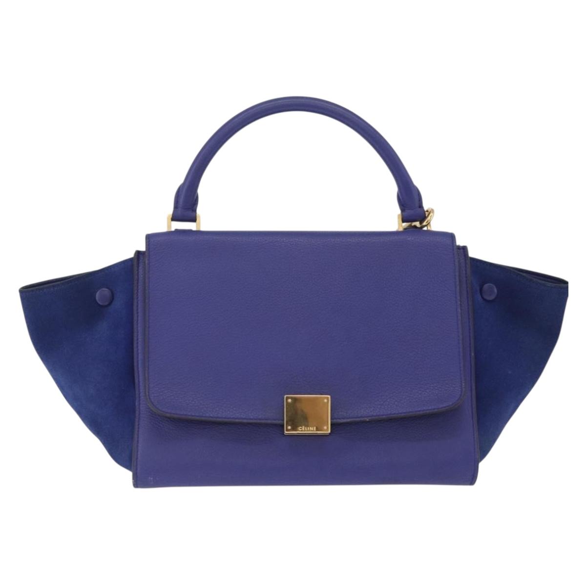 CELINE Trapeze Hand Bag Suede Leather 2way Blue Gold Auth 203775A