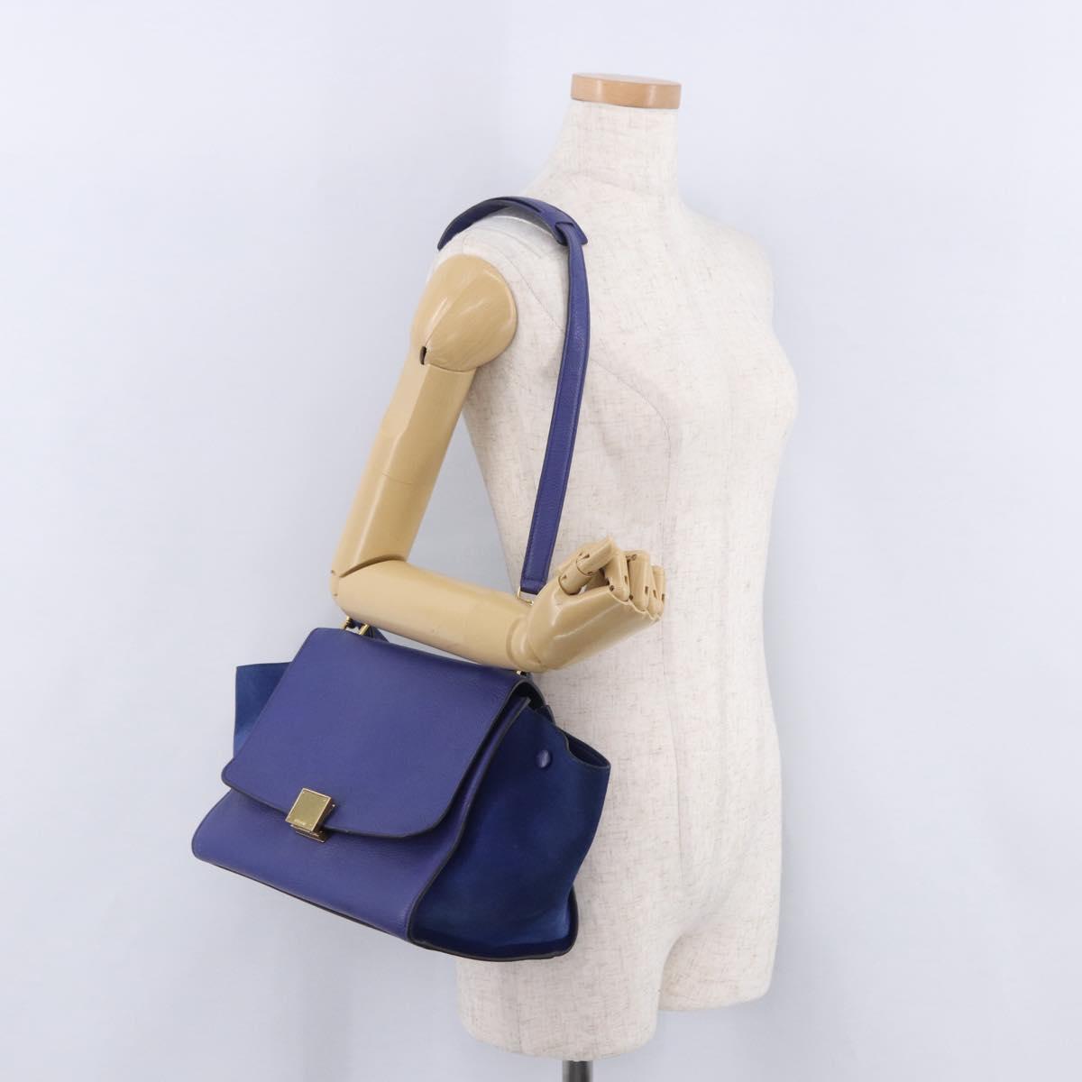 CELINE Trapeze Hand Bag Suede Leather 2way Blue Gold Auth 203775A