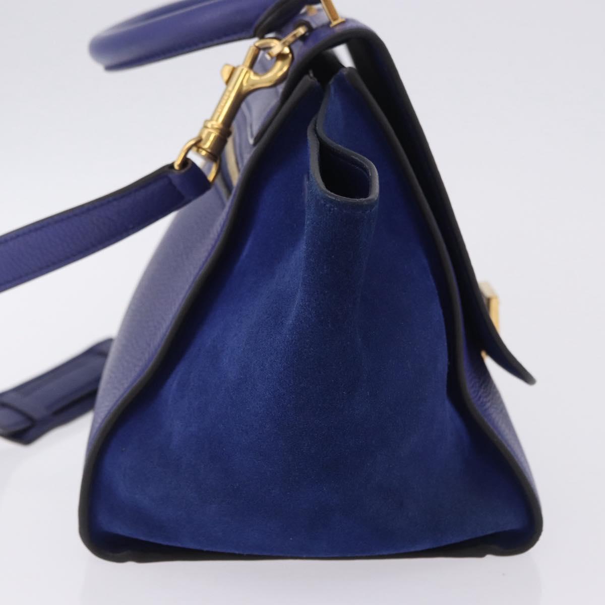CELINE Trapeze Hand Bag Suede Leather 2way Blue Gold Auth 203775A