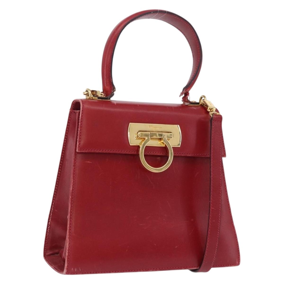 Salvatore Ferragamo Gancini Hand Bag Leather 2way Red Gold Auth 203776