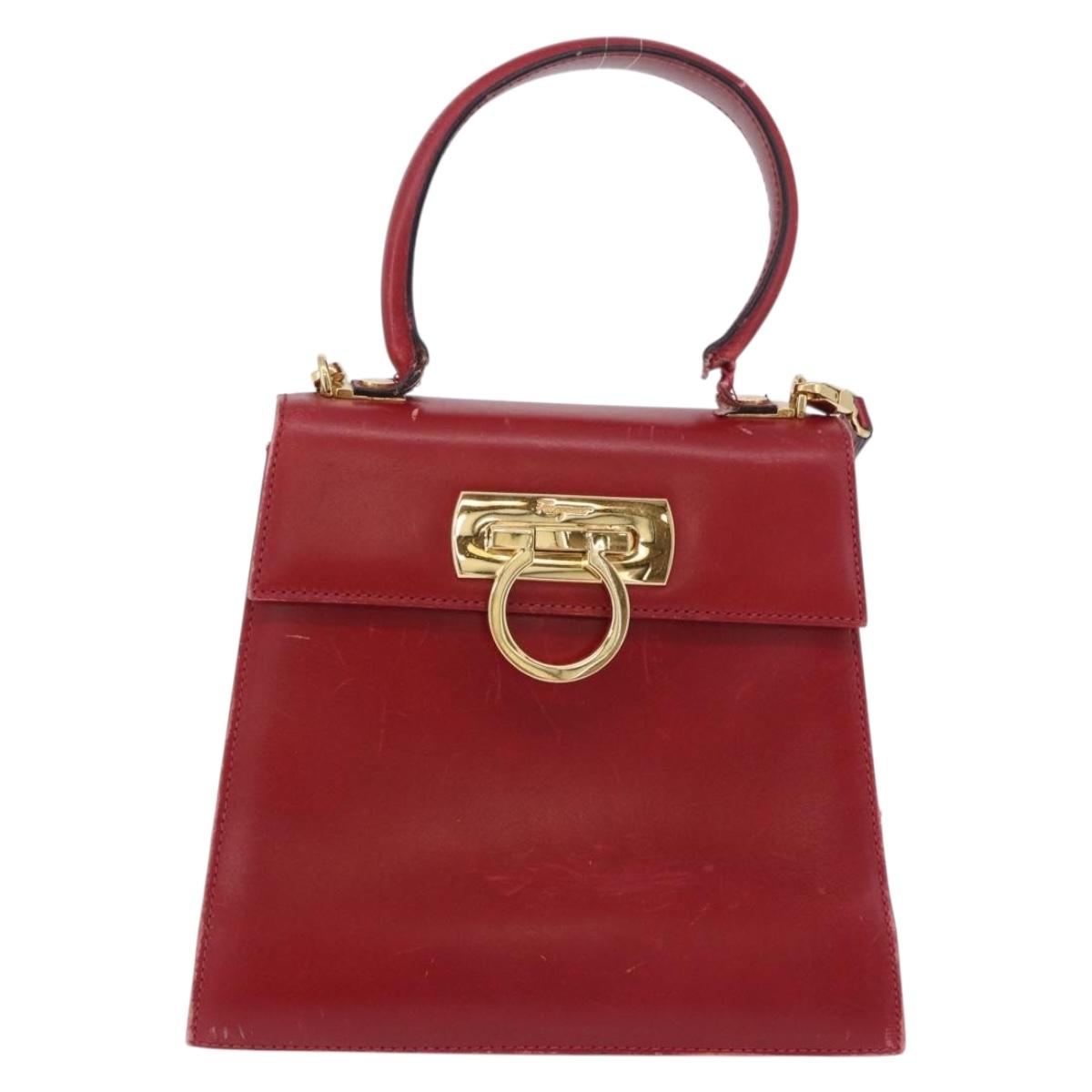 Salvatore Ferragamo Gancini Hand Bag Leather 2way Red Gold Auth 203776