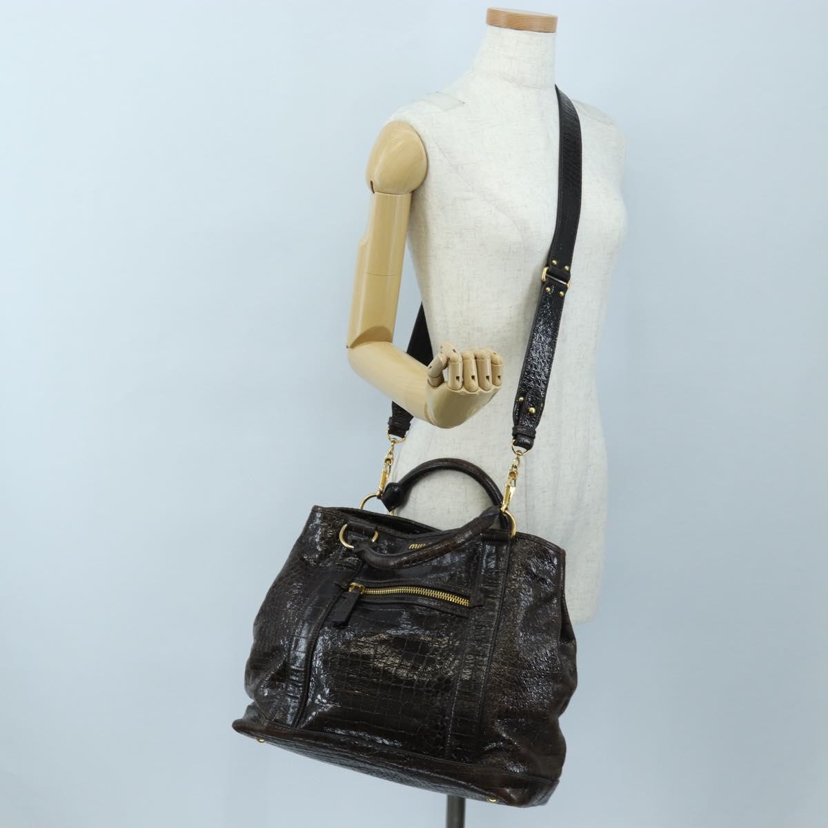 Miu Miu Hand Bag Crocodile Embossed Leather 2way Brown Gold Auth 203782A