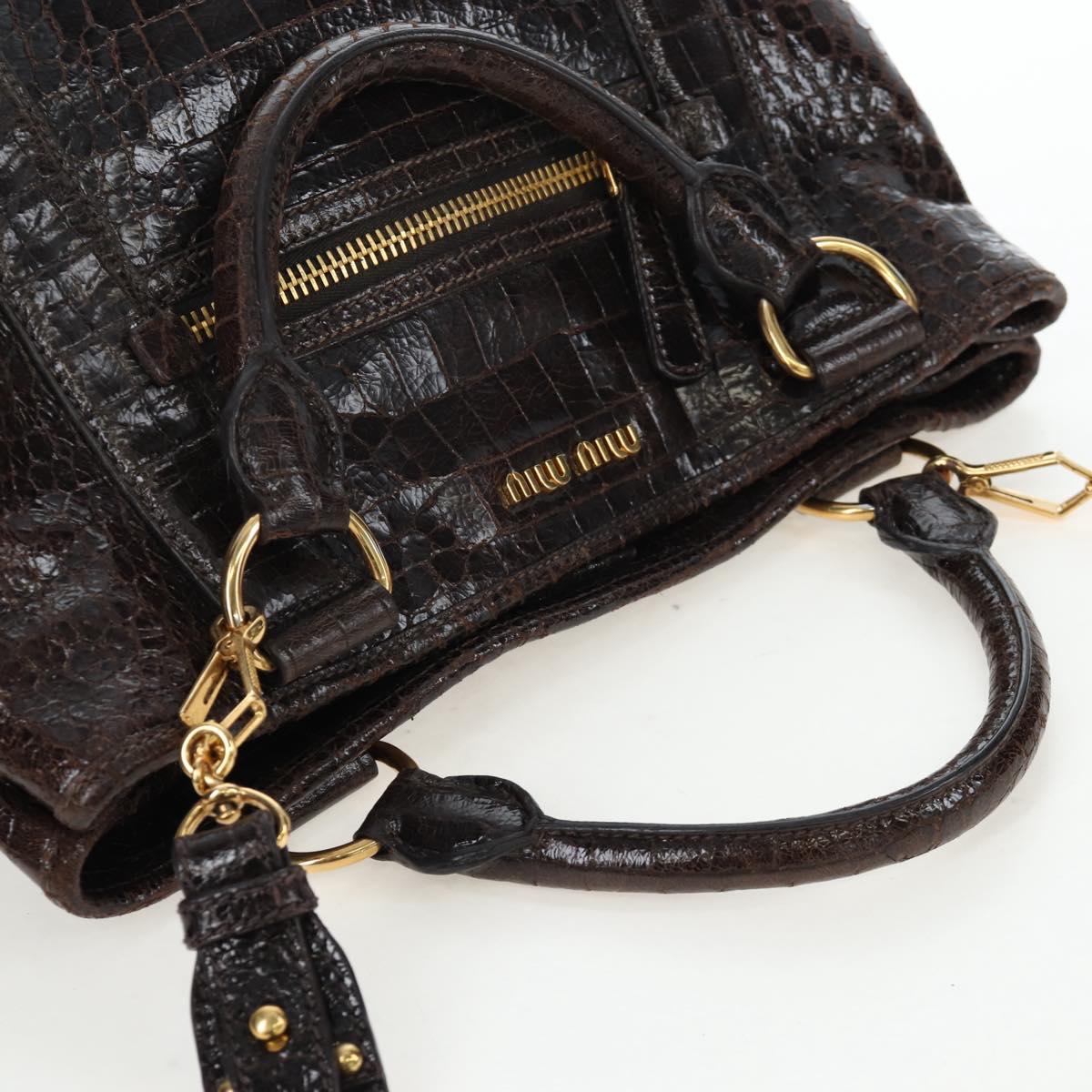 Miu Miu Hand Bag Crocodile Embossed Leather 2way Brown Gold Auth 203782A