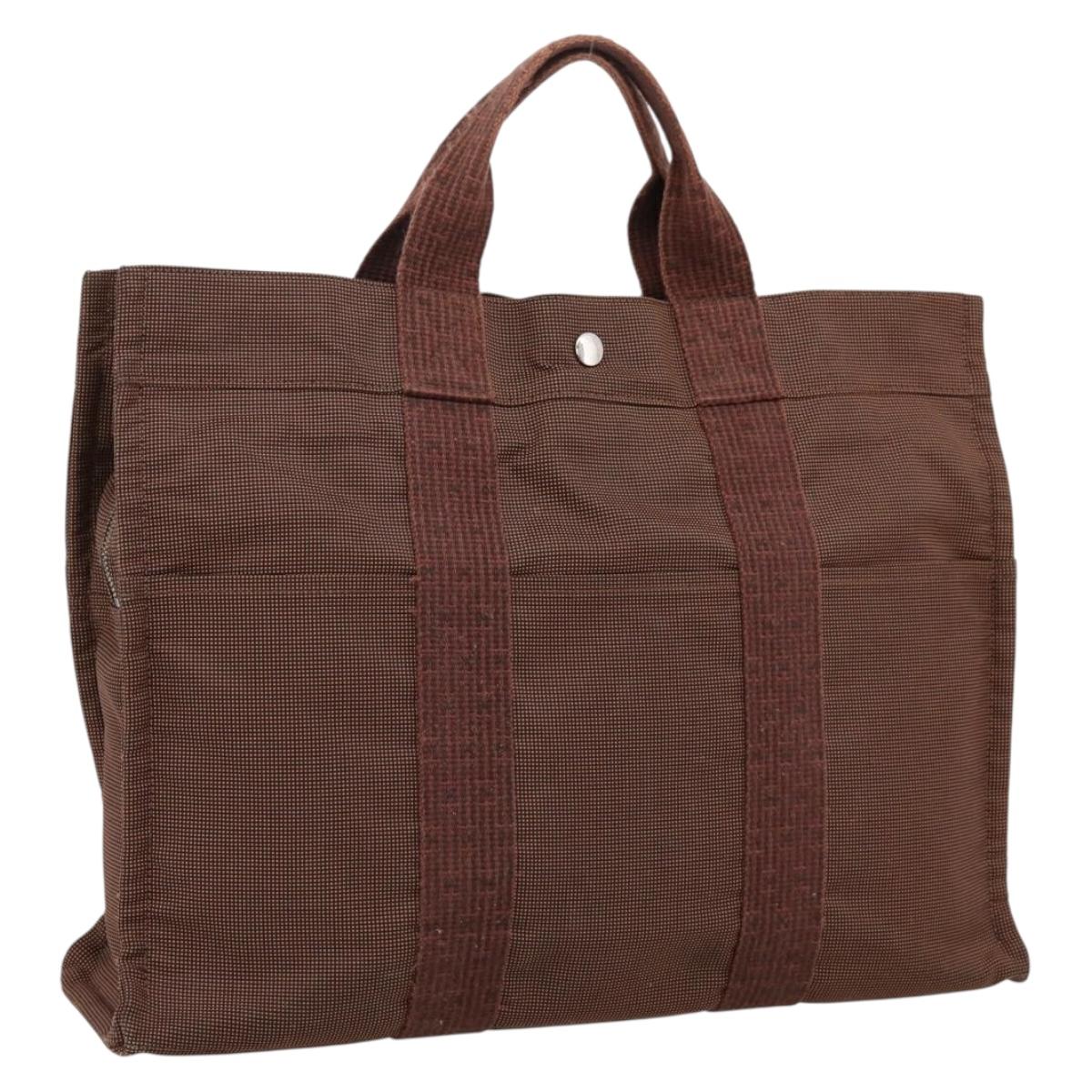 HERMES Her Line Tote MM Tote Bag Canvas Brown Silver Auth 203788