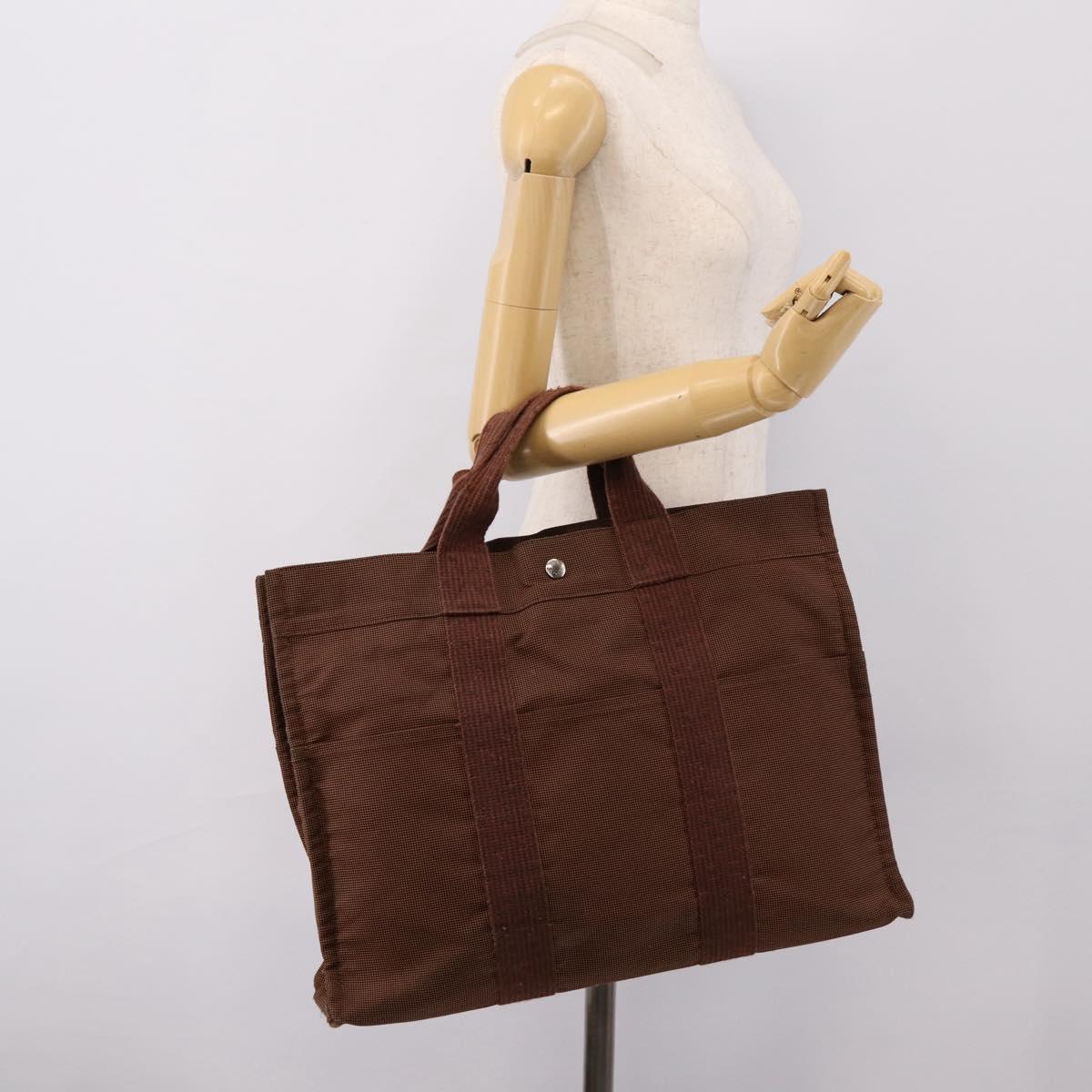 HERMES Her Line Tote MM Tote Bag Canvas Brown Silver Auth 203788