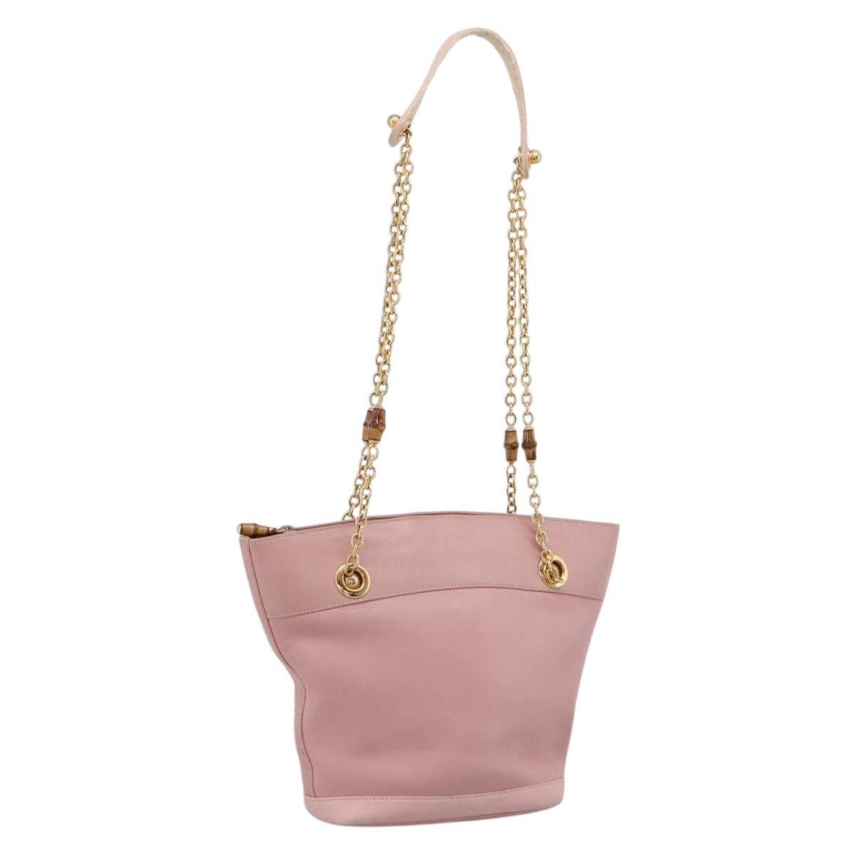 GUCCI Bamboo Chain Shoulder Bag Leather Pink Gold Auth 203792