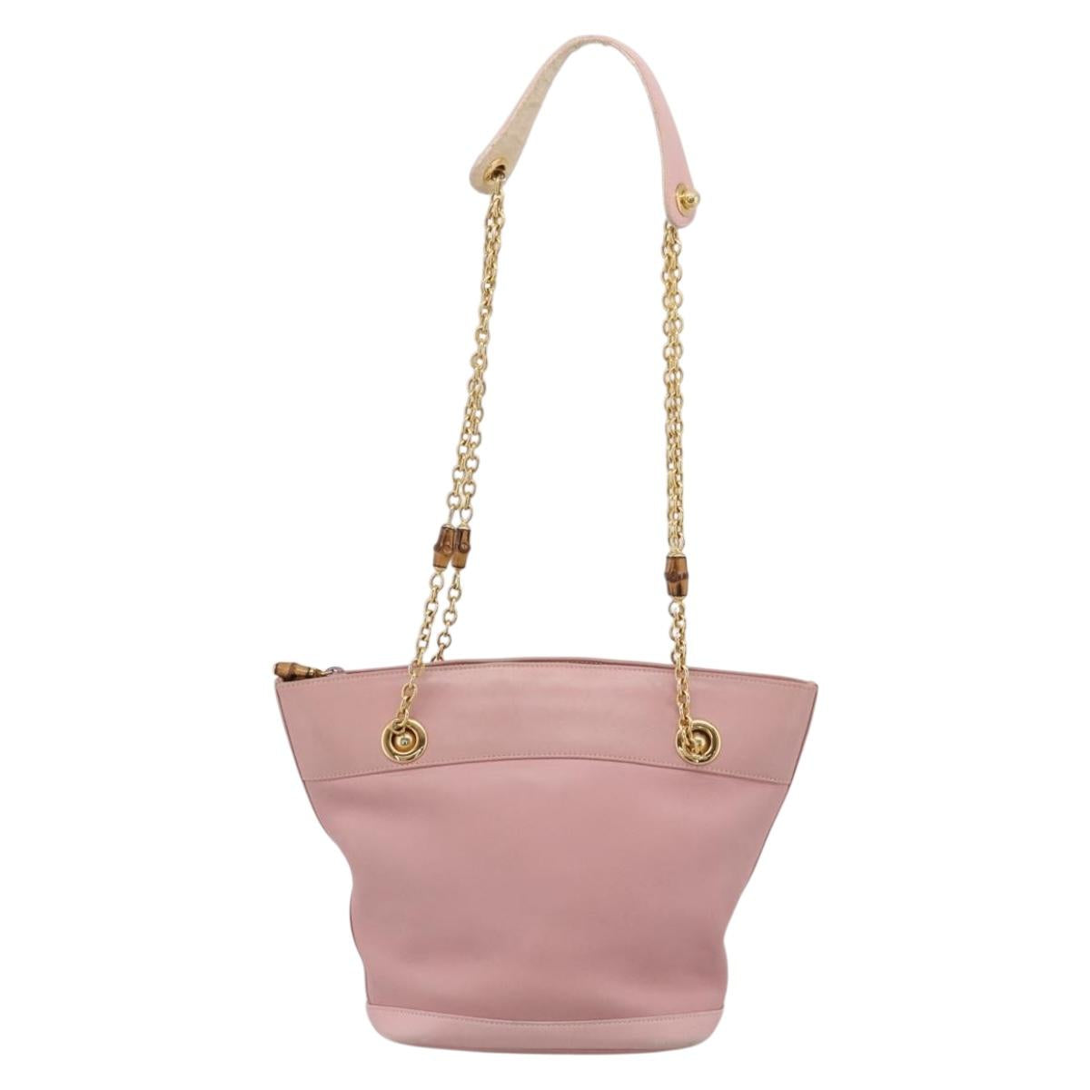 GUCCI Bamboo Chain Shoulder Bag Leather Pink Gold Auth 203792