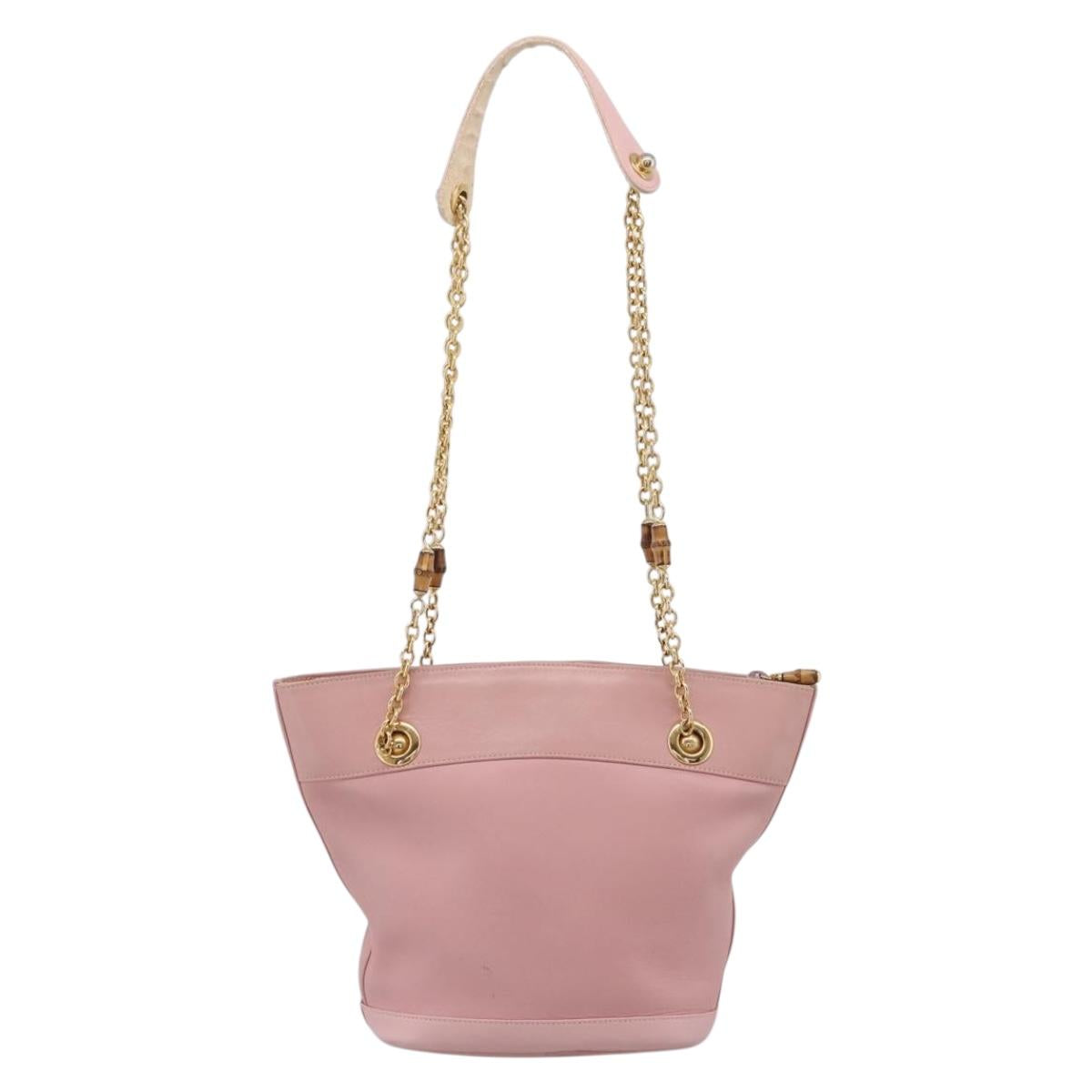 GUCCI Bamboo Chain Shoulder Bag Leather Pink Gold Auth 203792