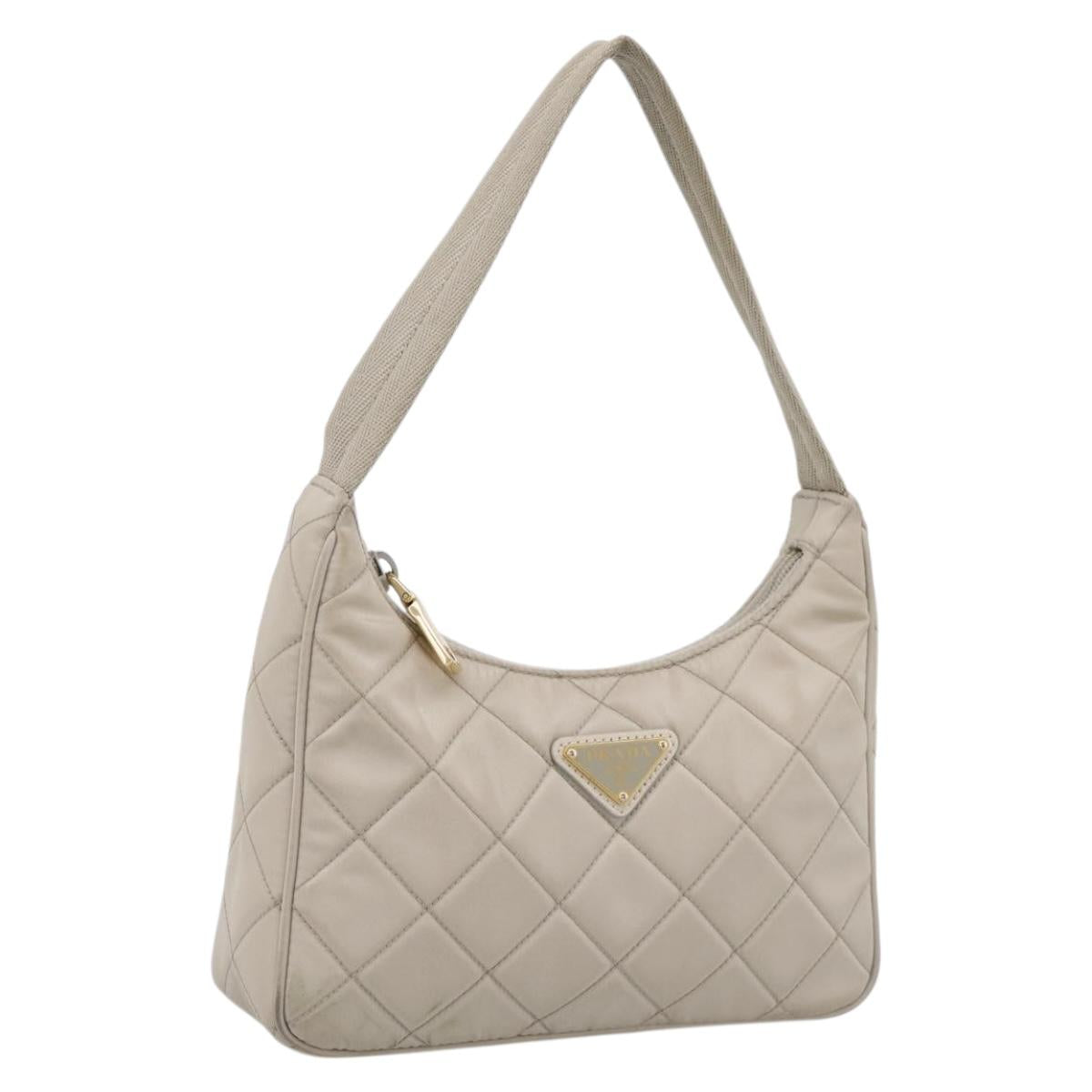 PRADA Hand Bag Nylon Beige Gold Auth 203797A