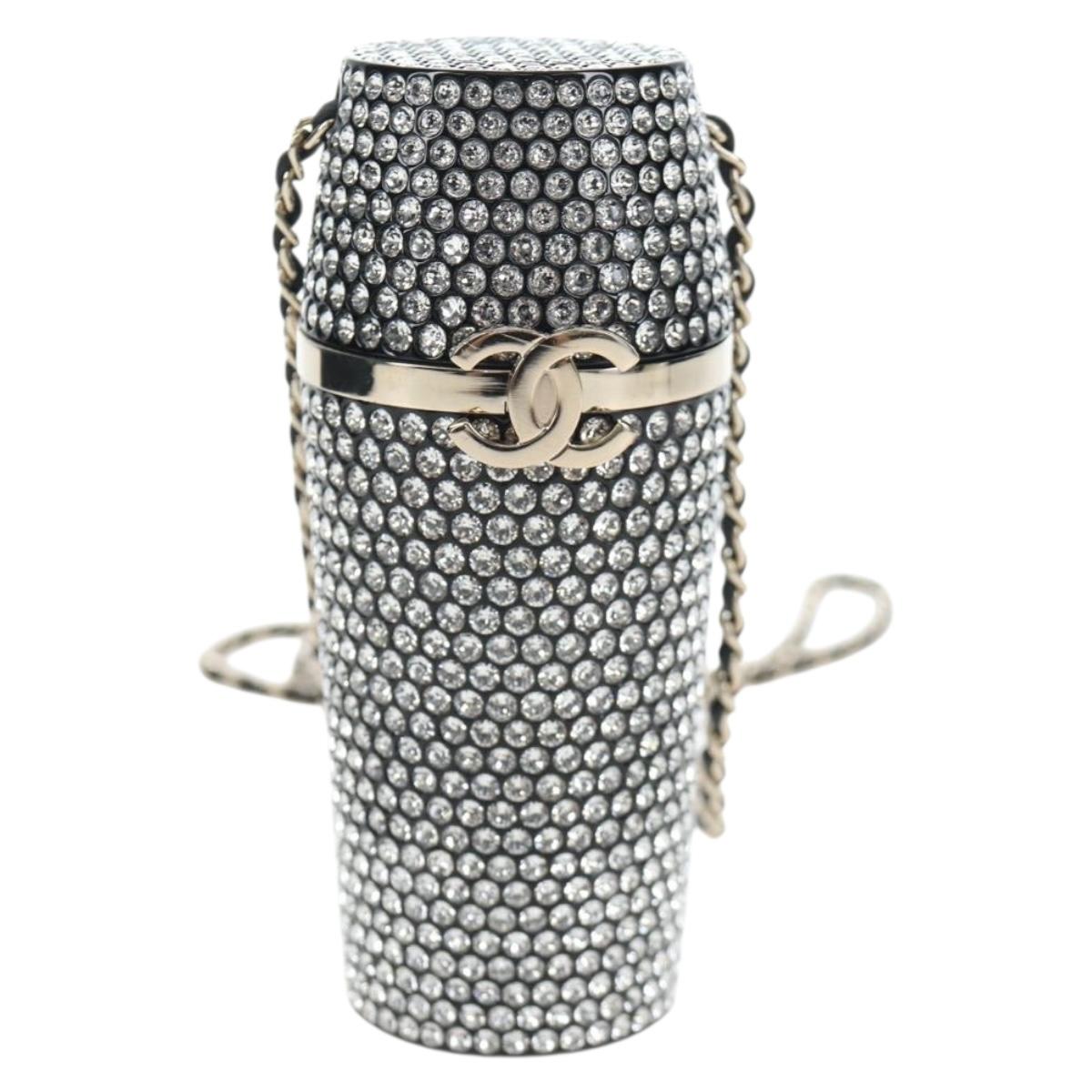 CHANEL Rhinestone Lipstick Case Cosmetic Pouch metal Silver CC Auth 203813M