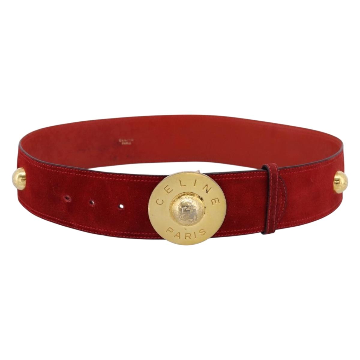 CELINE Belt Suede 35"" Red Gold Auth 203816