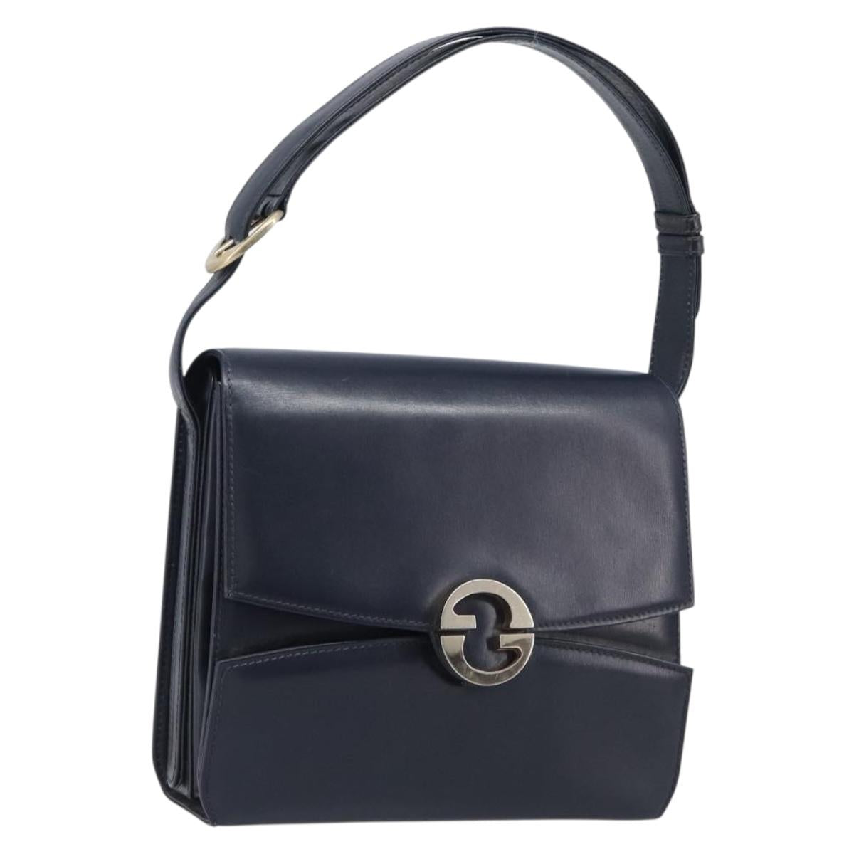 GUCCI Hand Bag Leather Navy Gold Auth 203834
