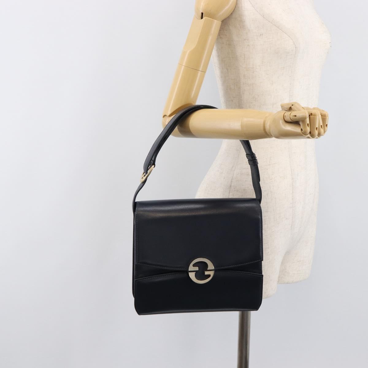 GUCCI Hand Bag Leather Navy Gold Auth 203834