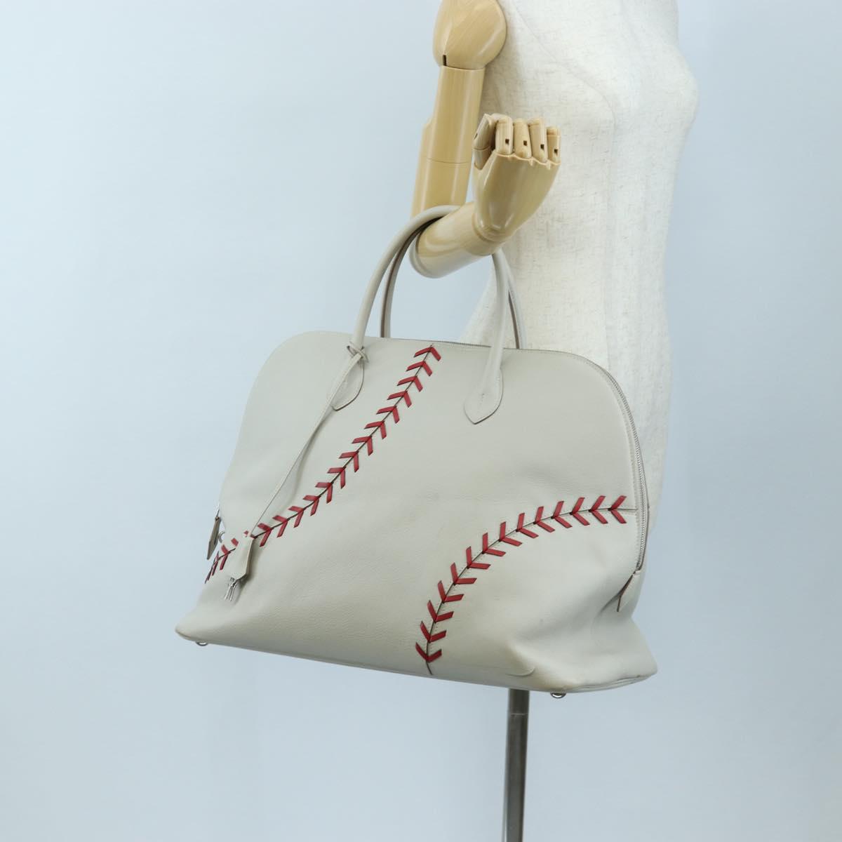 HERMES Bolide 1923 Baseball 45 Hand Bag Leather Gray Silver Auth 203835M