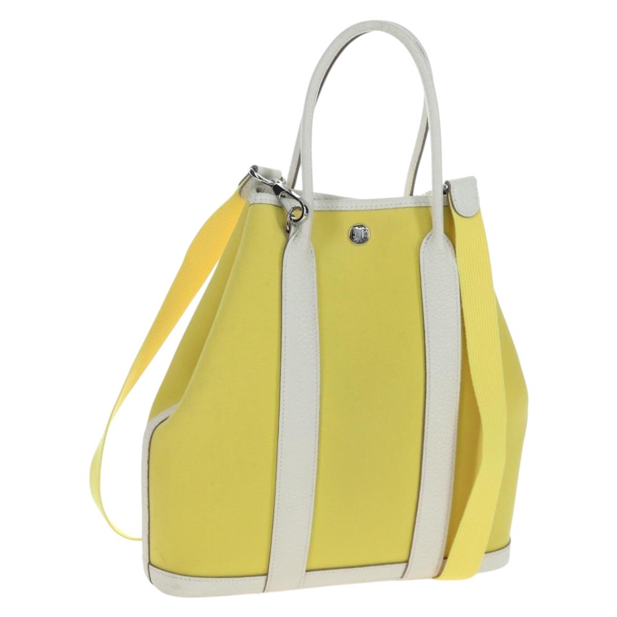 HERMES Garden File 28 Hand Bag Canvas 2way Yellow Silver Auth 203841SAV