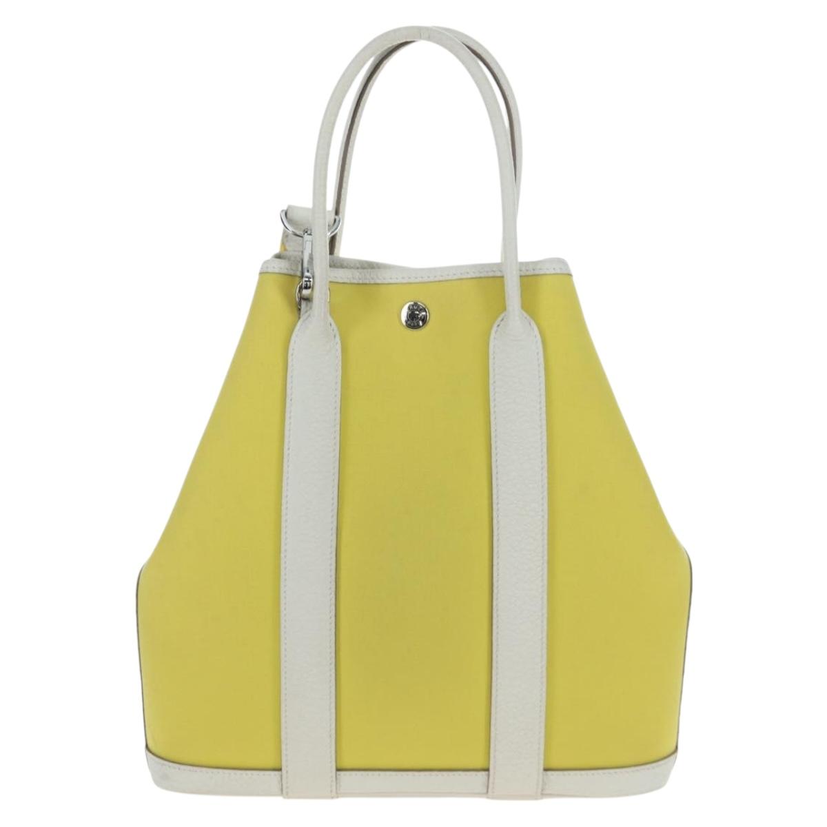 HERMES Garden File 28 Hand Bag Canvas 2way Yellow Silver Auth 203841SAV