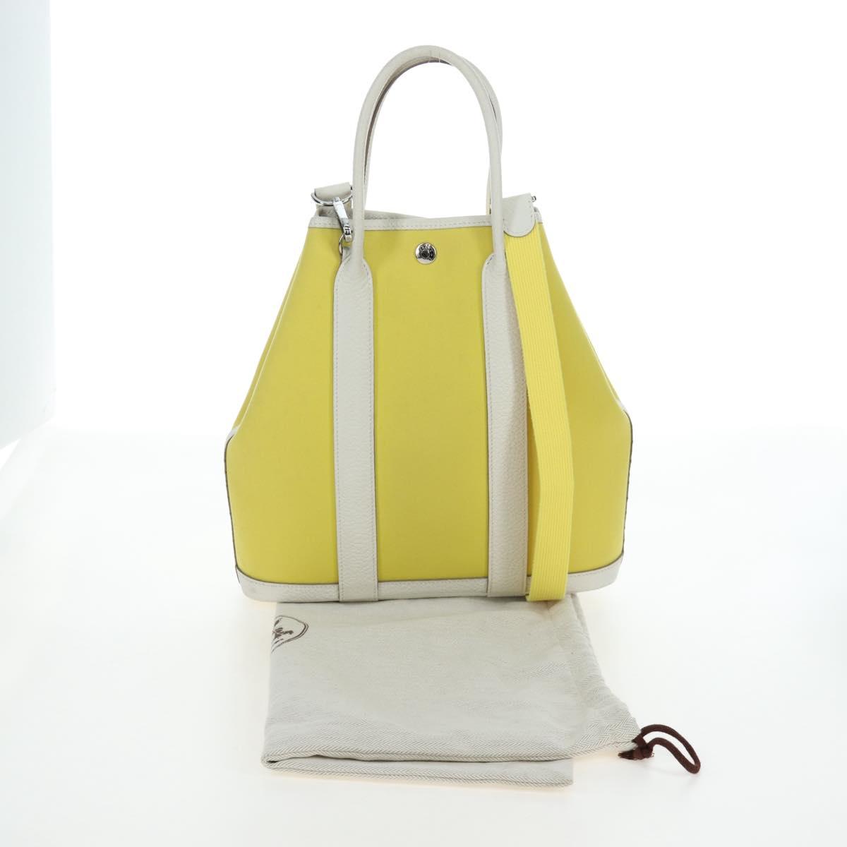HERMES Garden File 28 Hand Bag Canvas 2way Yellow Silver Auth 203841SAV