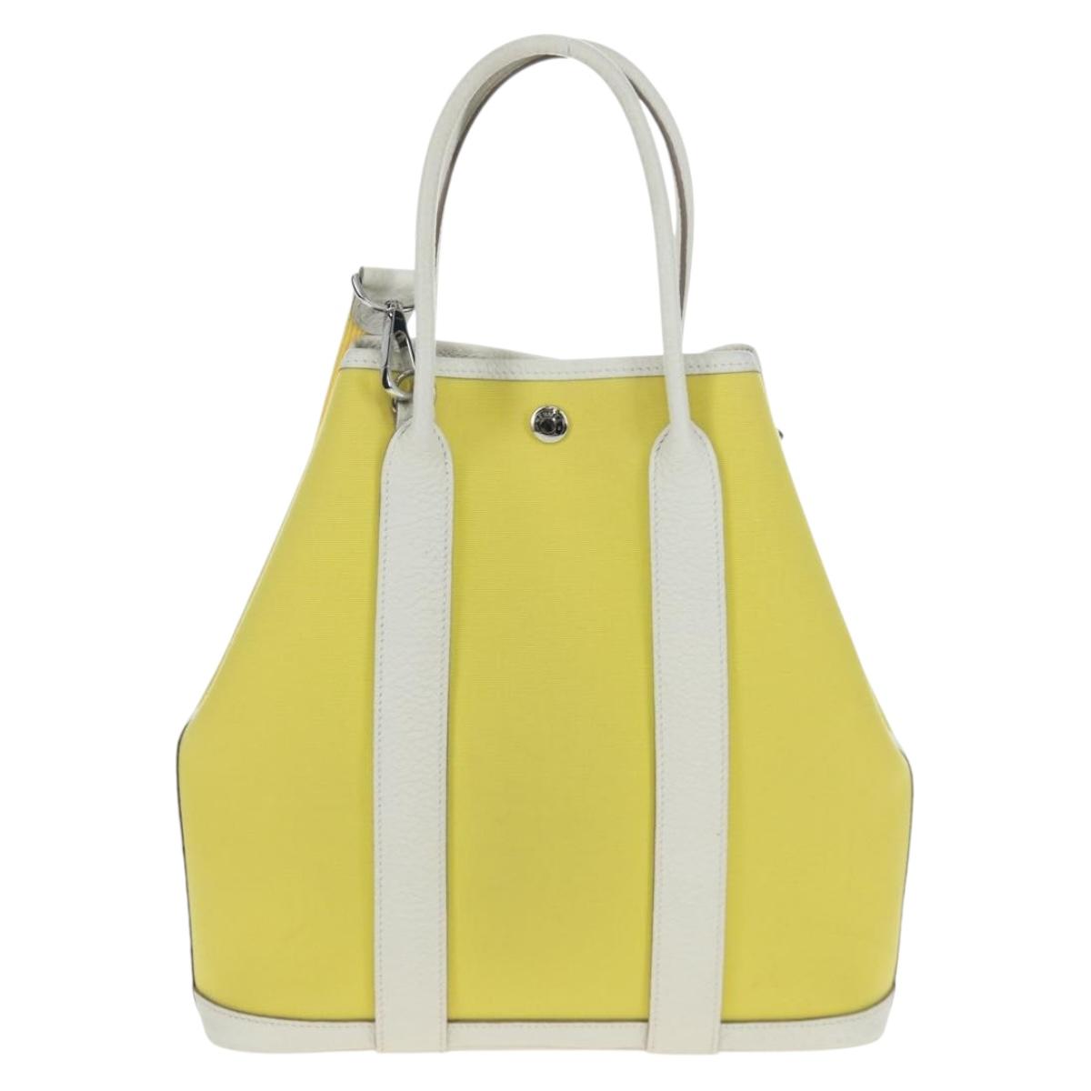 HERMES Garden File 28 Hand Bag Canvas 2way Yellow Silver Auth 203841SAV