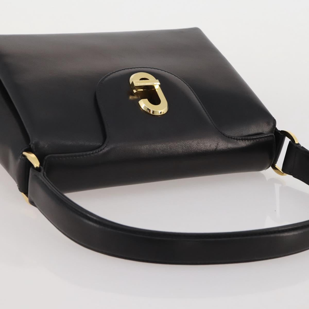 GUCCI Hand Bag Leather Black Gold Auth 203849