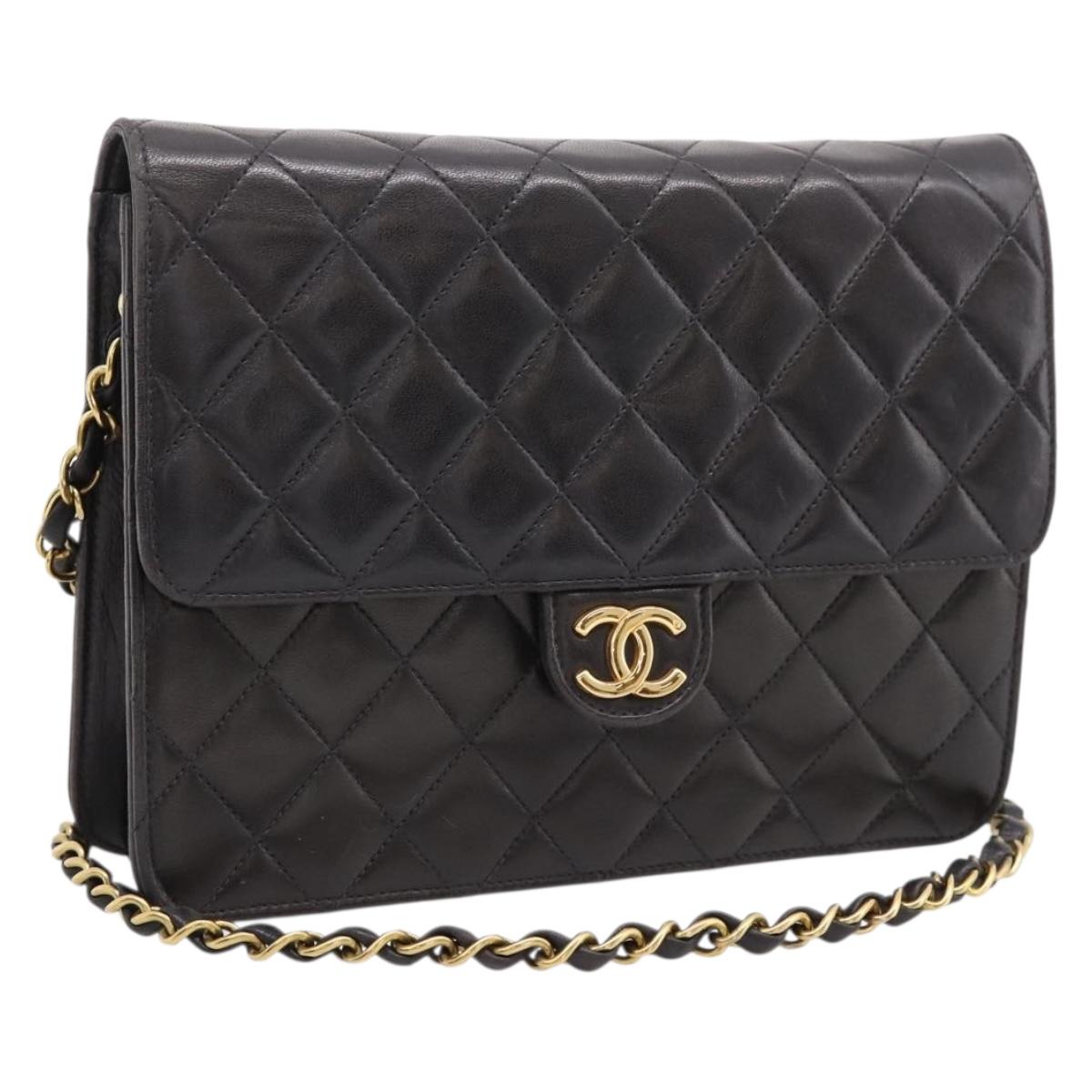 CHANEL Matelasse Chain Shoulder Bag Lamb Skin Black Gold Tone CC Auth 203853SAV