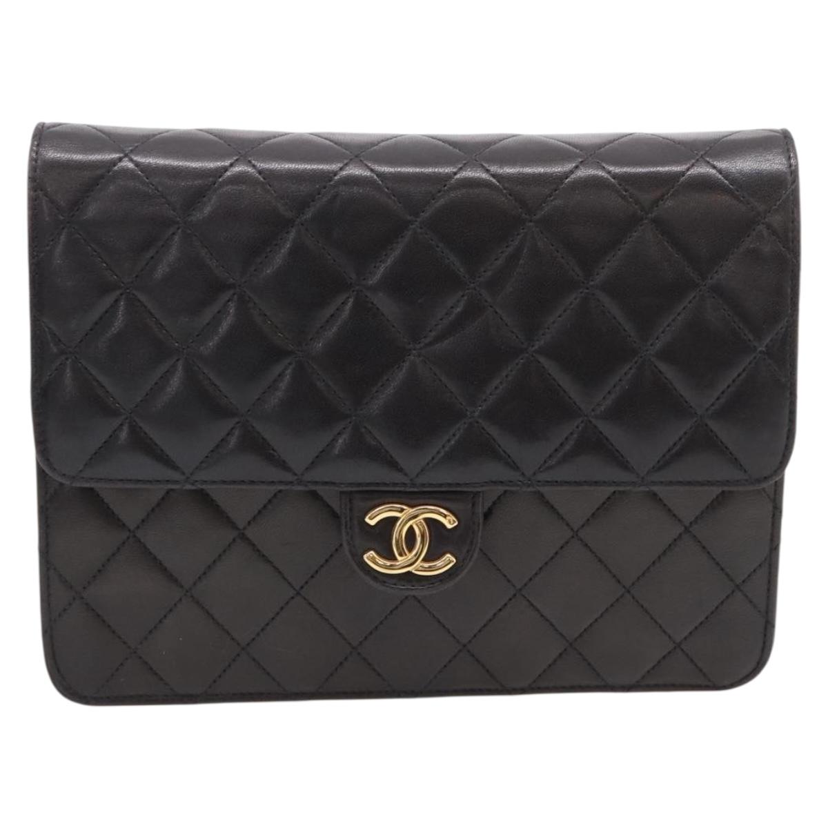 CHANEL Matelasse Chain Shoulder Bag Lamb Skin Black Gold Tone CC Auth 203853SAV