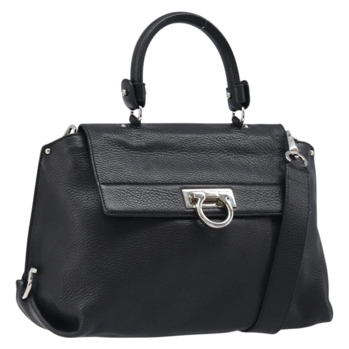 Salvatore Ferragamo Sofia Gancini Bag Leather 2way Black Silver Auth 203870V