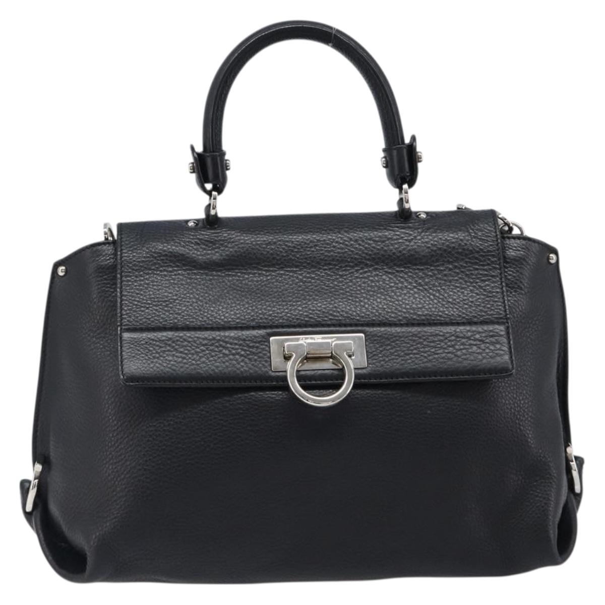 Salvatore Ferragamo Sofia Gancini Bag Leather 2way Black Silver Auth 203870V