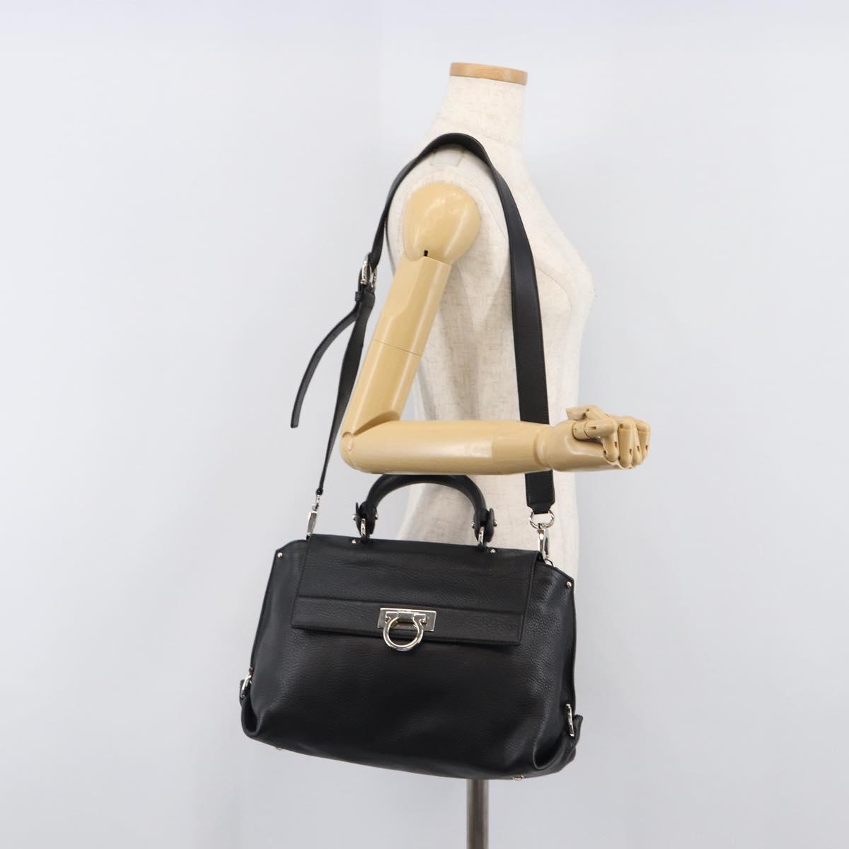 Salvatore Ferragamo Sofia Gancini Bag Leather 2way Black Silver Auth 203870V