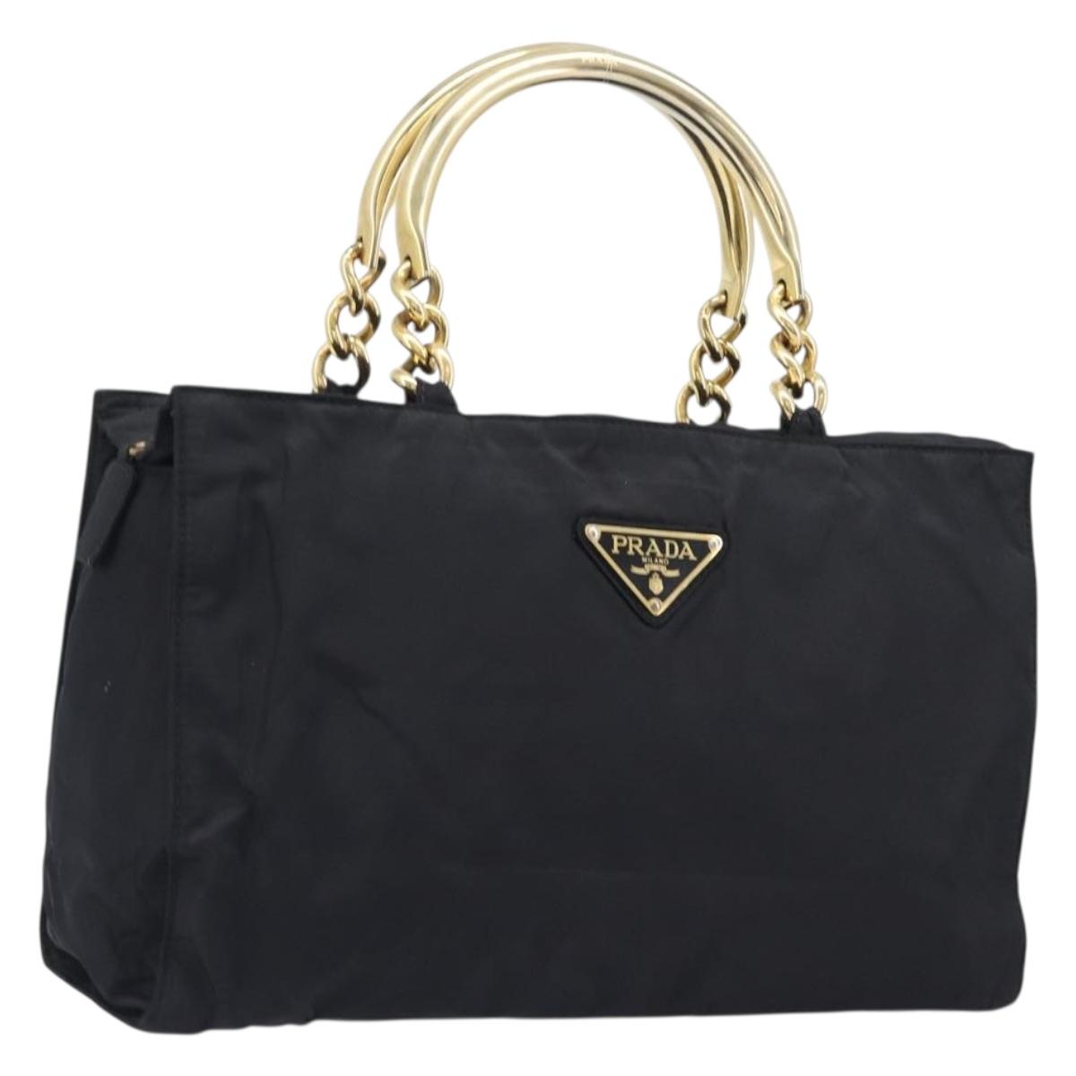 PRADA Metal Handle Hand Bag Nylon Black Gold Auth 203873