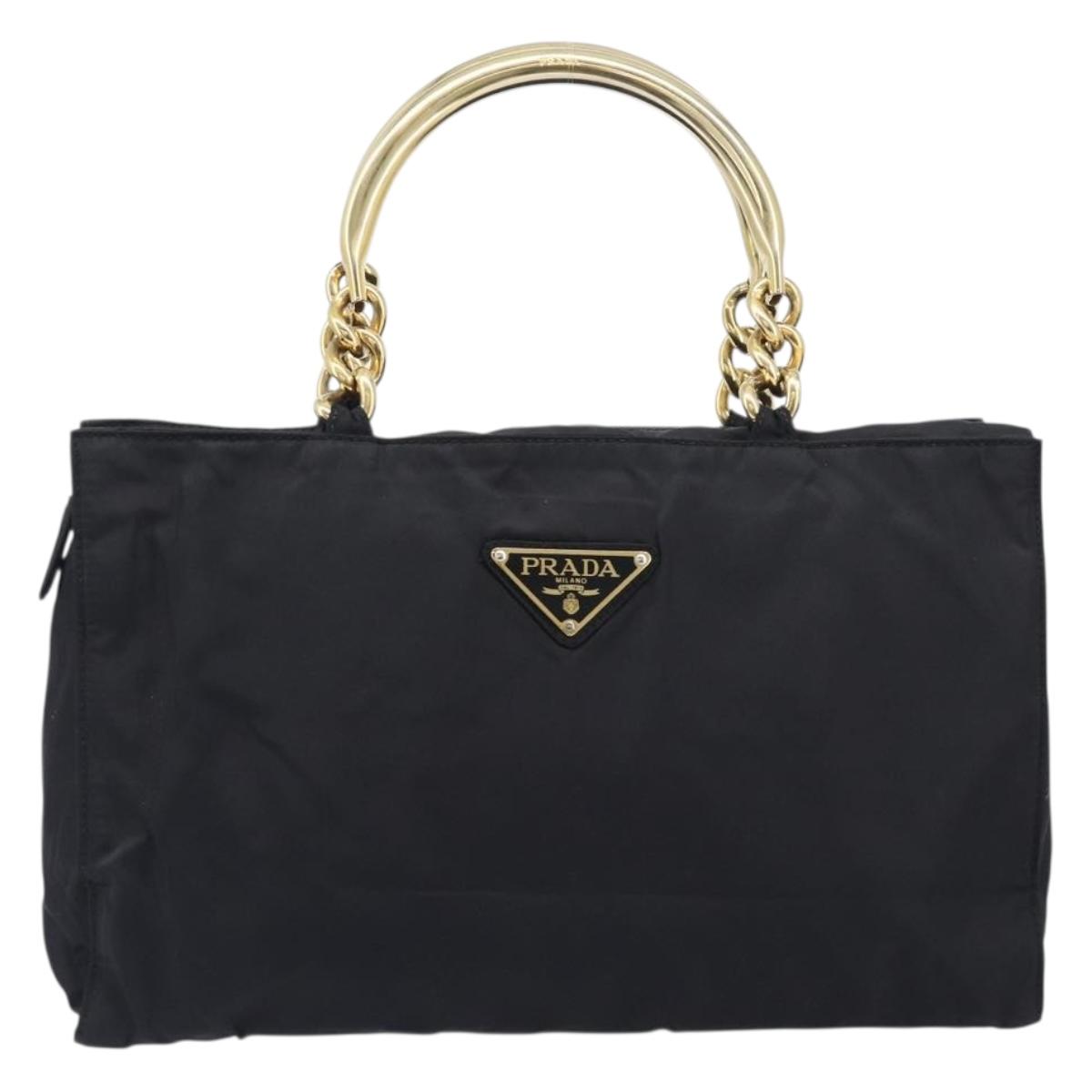 PRADA Metal Handle Hand Bag Nylon Black Gold Auth 203873