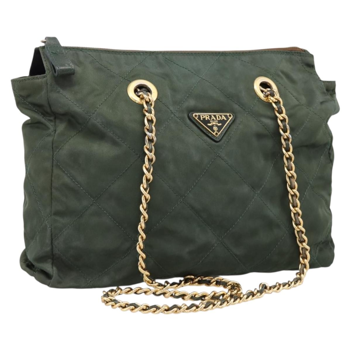 PRADA Chain Shoulder Bag Nylon Khaki Gold Auth 203875