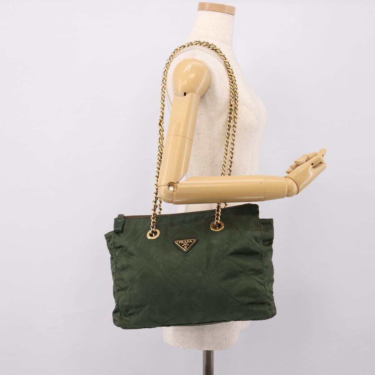 PRADA Chain Shoulder Bag Nylon Khaki Gold Auth 203875