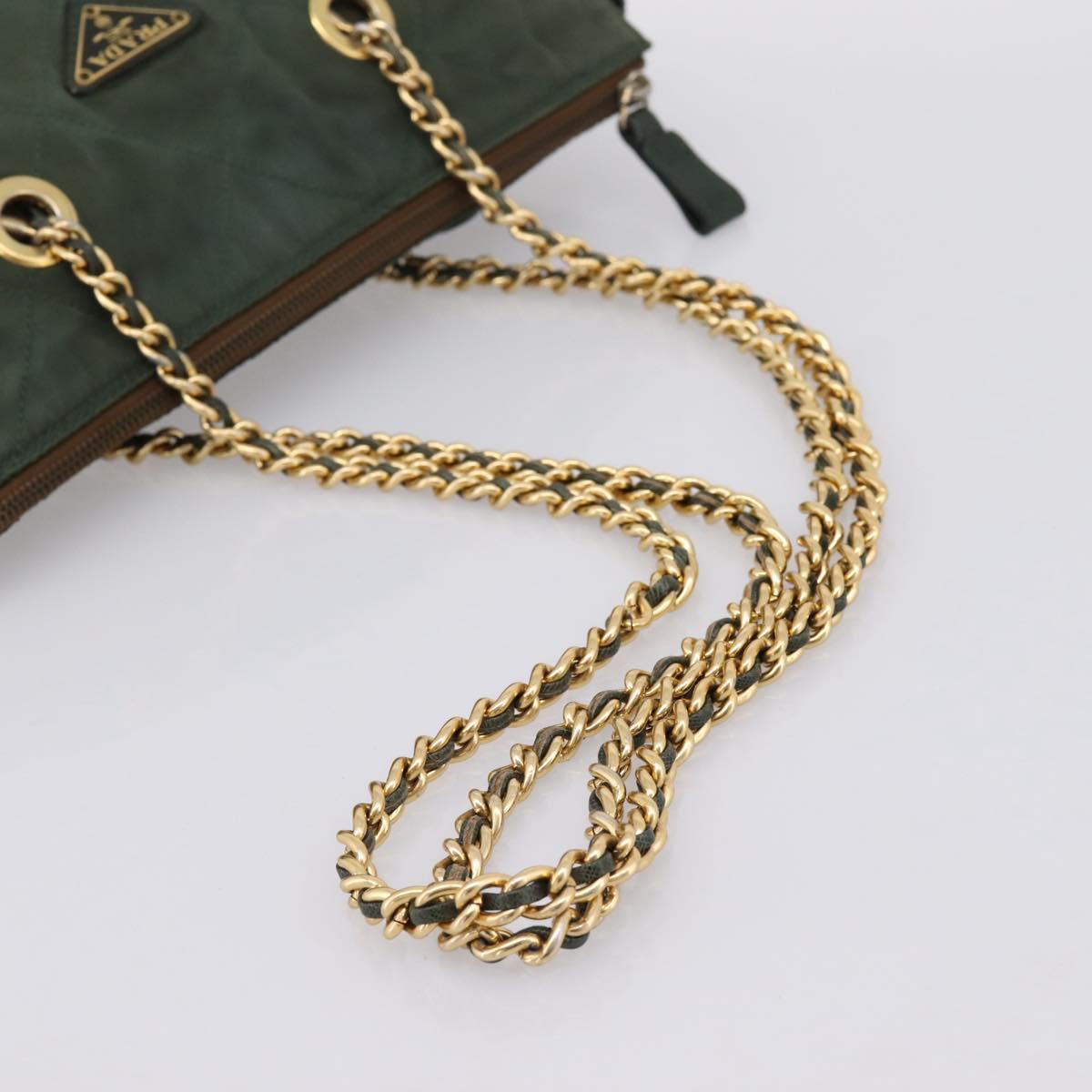 PRADA Chain Shoulder Bag Nylon Khaki Gold Auth 203875