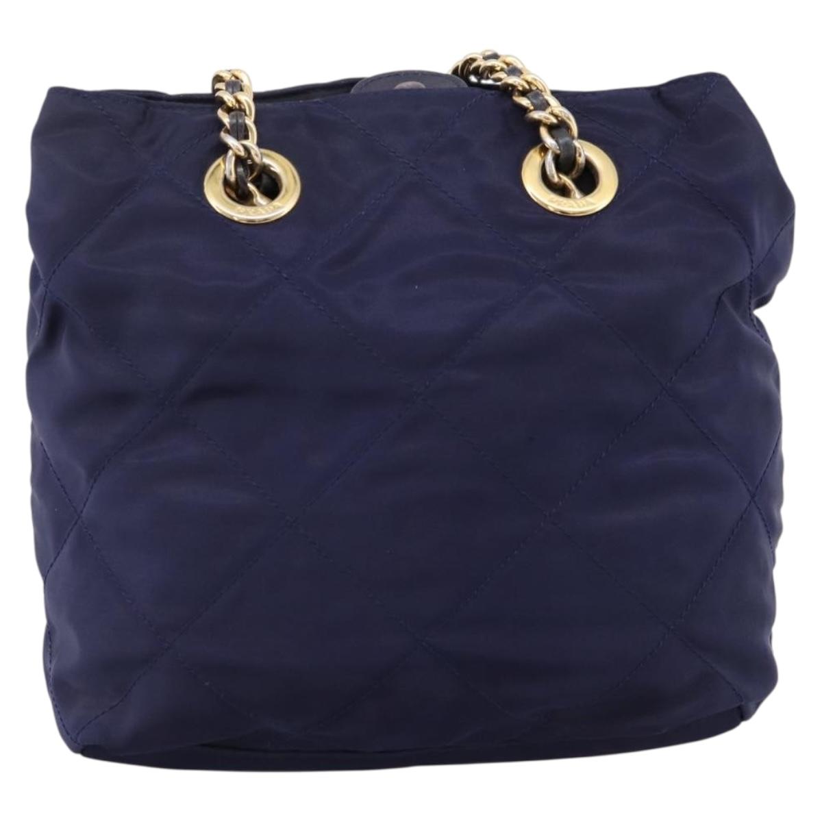 PRADA Chain Shoulder Bag Nylon Navy Gold Auth 203877