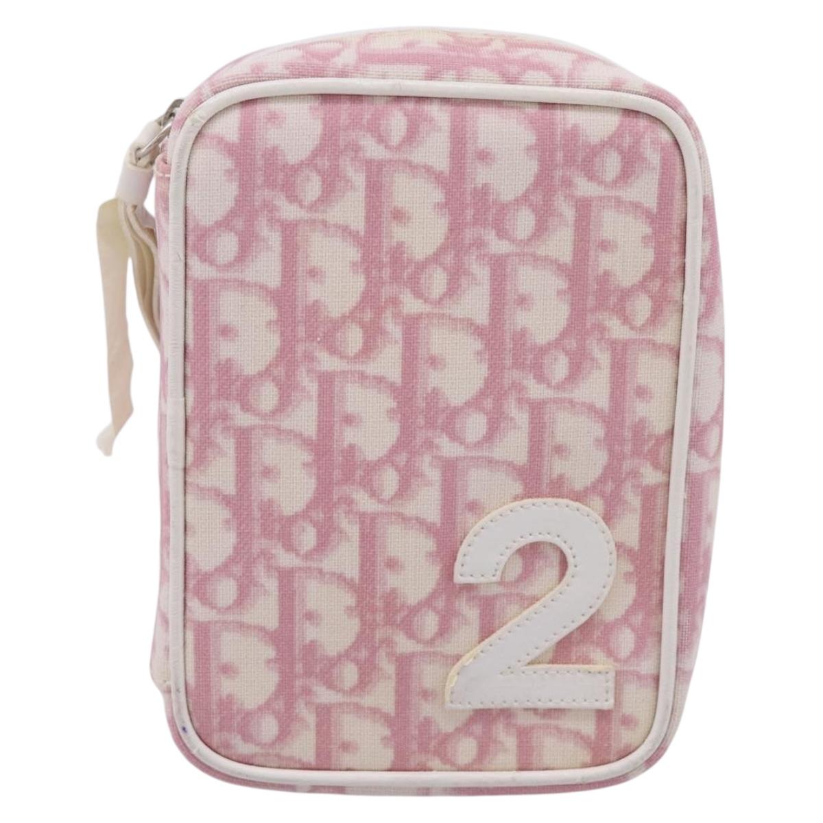 Christian Dior Trotter Canvas Pouch PVC Pink Silver Auth 203879