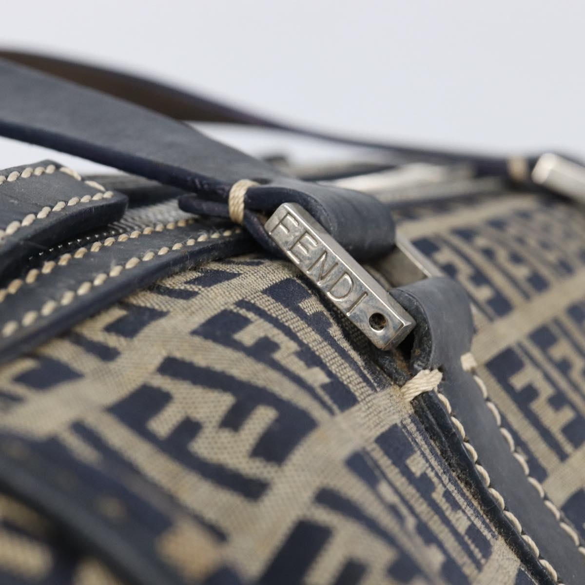 FENDI Zucchino Canvas Boston Bag Navy Silver Auth 203884