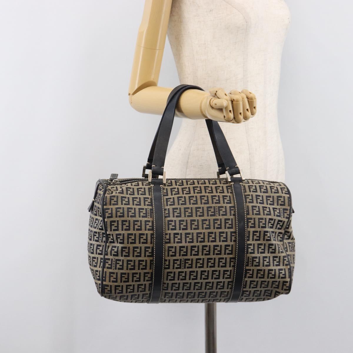 FENDI Zucchino Canvas Boston Bag Navy Silver Auth 203884