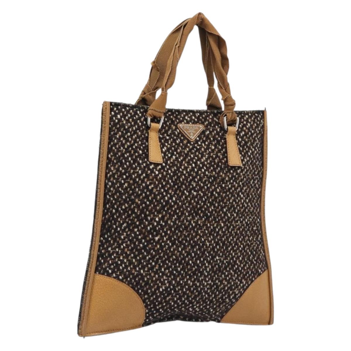 PRADA Hand Bag Leather Tweed Brown Silver Auth 203885A