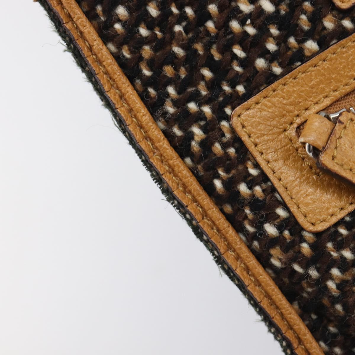 PRADA Hand Bag Leather Tweed Brown Silver Auth 203885A
