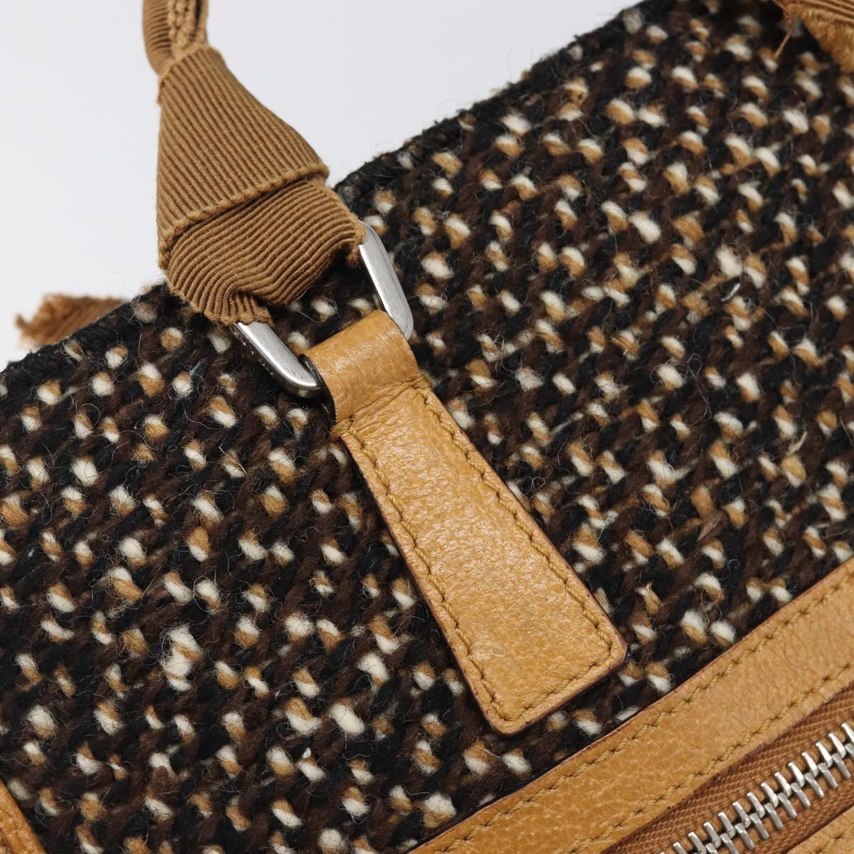 PRADA Hand Bag Leather Tweed Brown Silver Auth 203885A