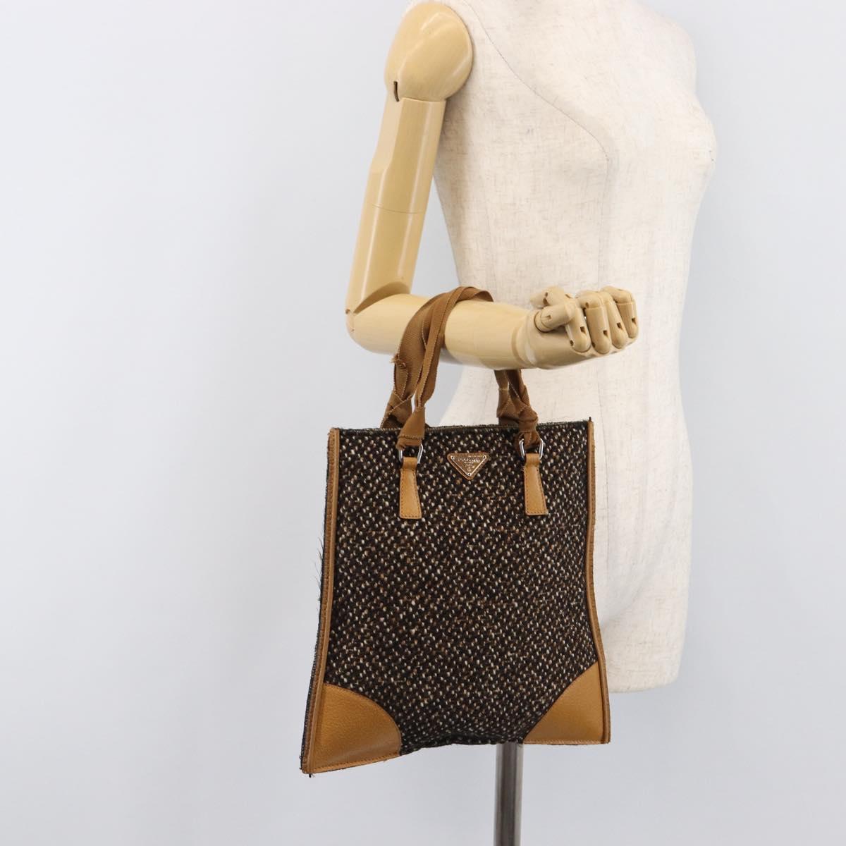 PRADA Hand Bag Leather Tweed Brown Silver Auth 203885A
