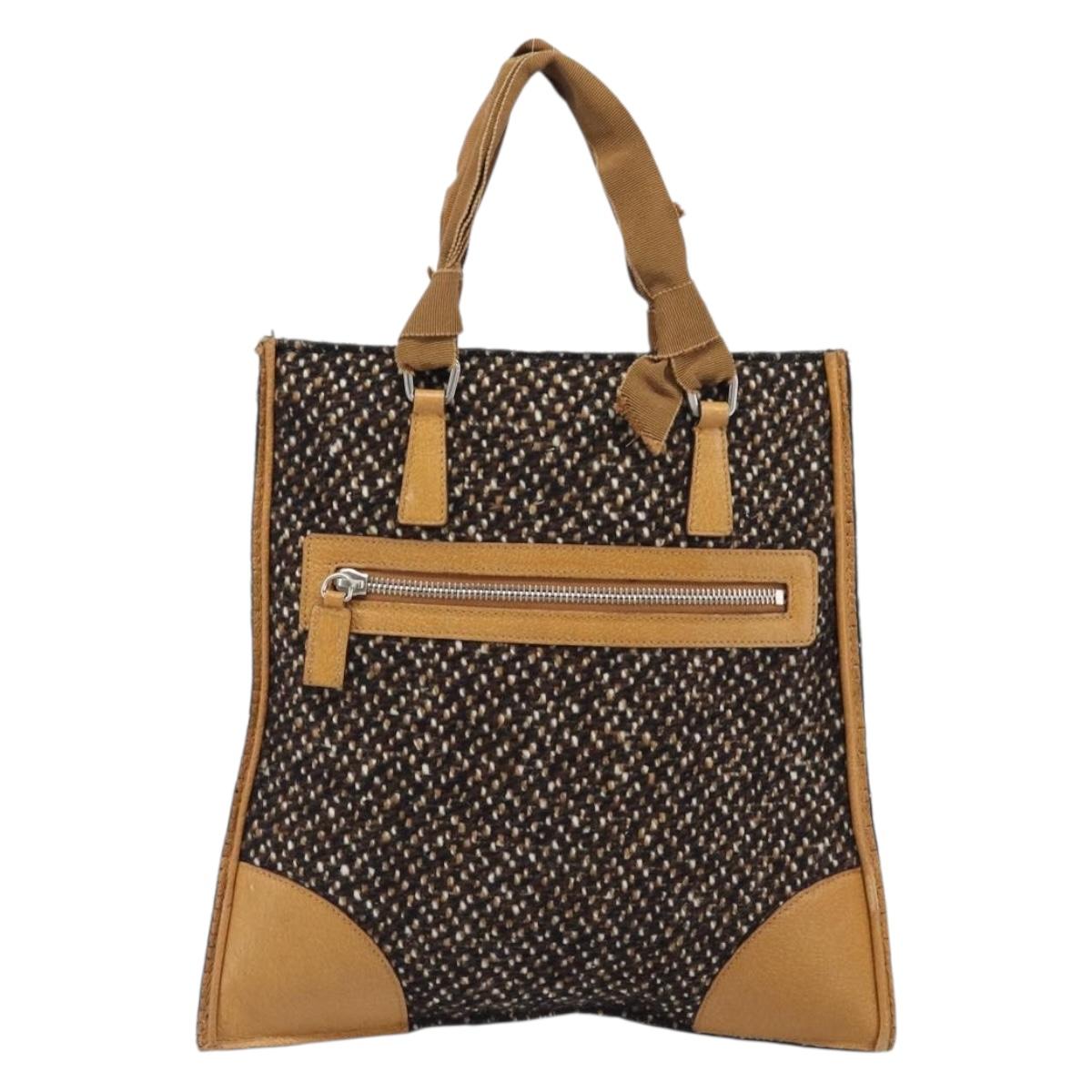 PRADA Hand Bag Leather Tweed Brown Silver Auth 203885A