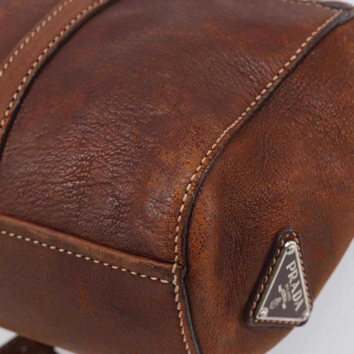 PRADA Hand Bag Leather Brown Silver Auth 203889V