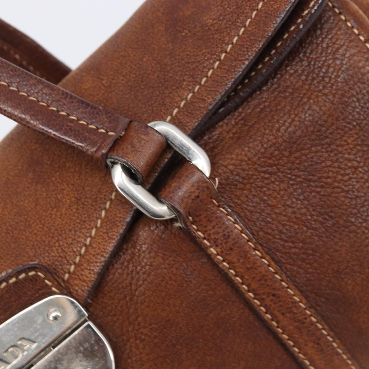 PRADA Hand Bag Leather Brown Silver Auth 203889V