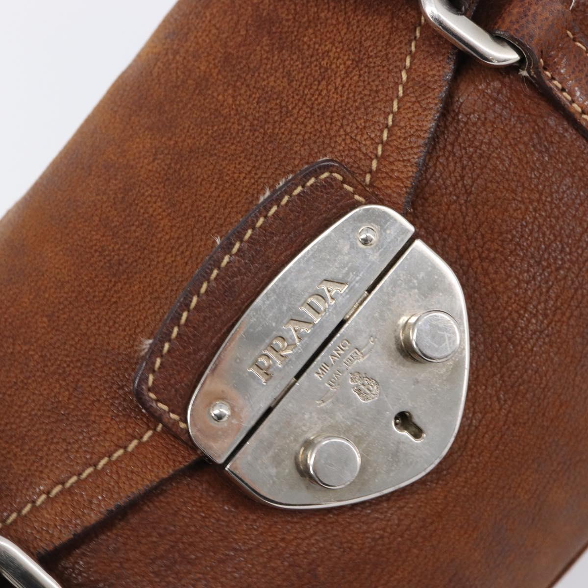 PRADA Hand Bag Leather Brown Silver Auth 203889V