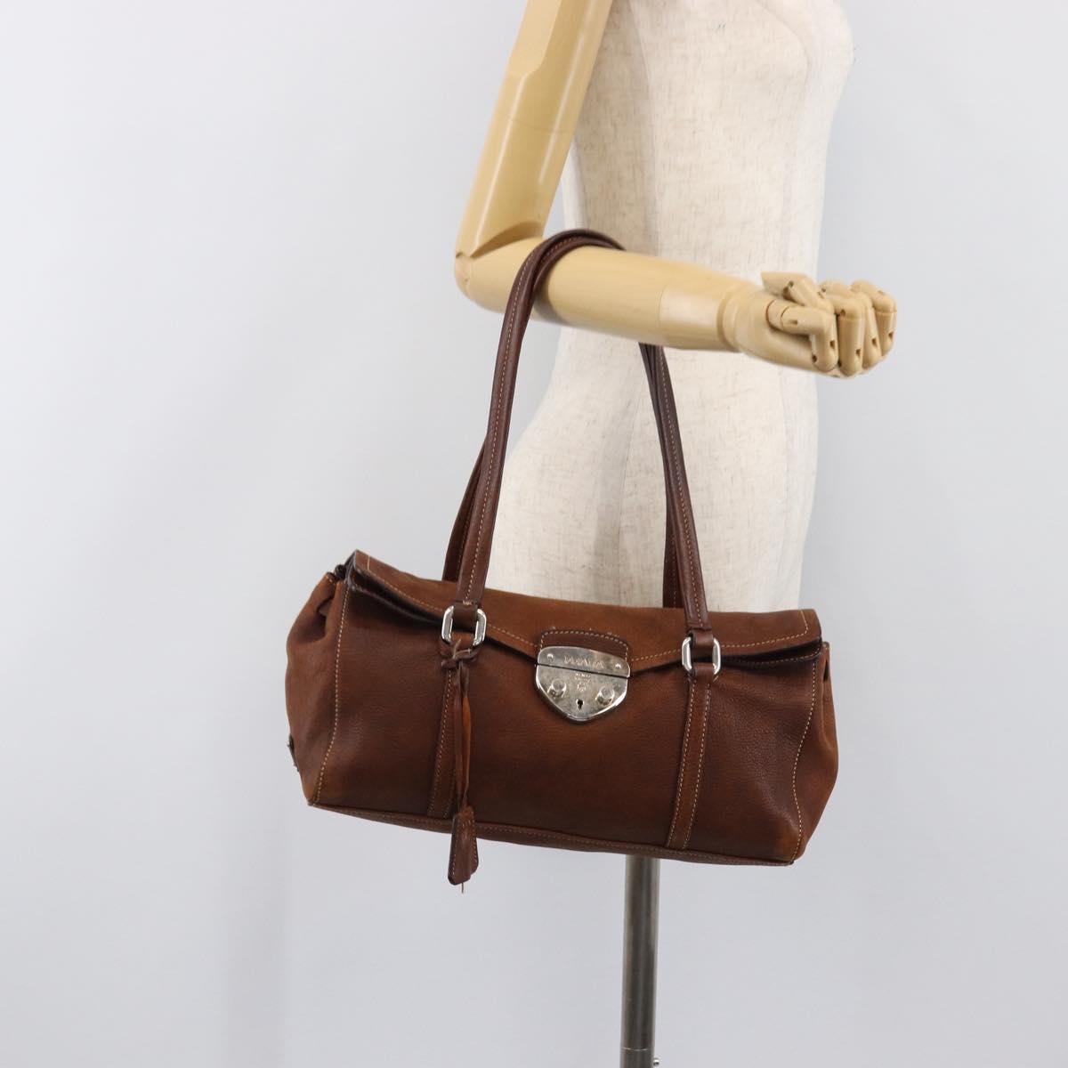 PRADA Hand Bag Leather Brown Silver Auth 203889V